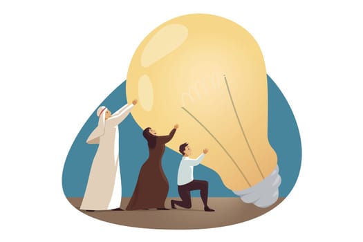 Business, success, problem, teamwork concept. Young team group of arab muslim businessmen wman clerk manager in hijab holding light bulb together. Successful trouble solution coworking idea creation.