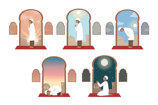 Islam, prayer, celebration, religion set concept. Collection of young religious man muslim arabic cartoon character praying day and night at home or in mosque. Islamic traditional Ramadan celebration.