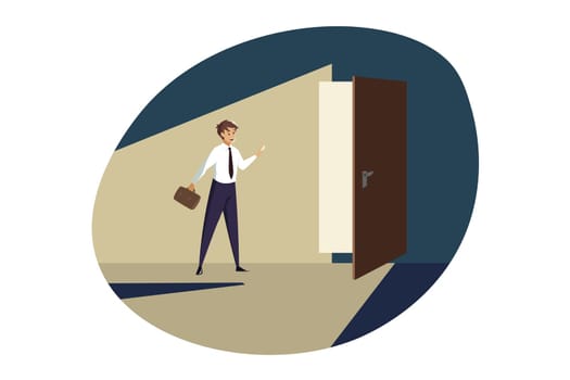 Business, career, opportunities, perspective concept. Young businessman manager standing in front opened door ready for new job perspectives. Professional corporate growth and percpectives at work.