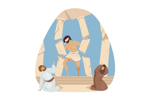Bible, religion, christianity concept. Old Testament biblical Genesis religious series. Strong mythological legendary christian jewish character hero Samson held pillars of temple pushing them apart.