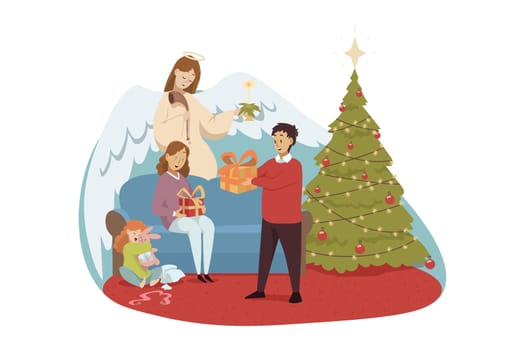 Christianity, religion, New Year, celebration, prayer, holiday, worship, support concept. Angel biblical religious character watches at young family father daughter mother sharing gifts on Christmas