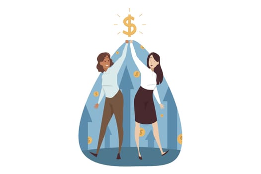 Success, teamwork, goal achievement, business concept. Team of young happy smiling businesswomen clerks managers holding dollar sign above together. Successful investment and money profit illustration