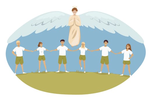 Protection, sport, education, support, religion, christianity concept. Angel biblical religious character protecting young happy teenagers schoolchildren athletes scouts. Divine help illustration.