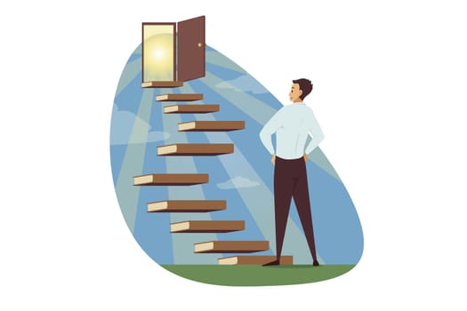 Motivation, business, success, goal achievement concept. Young happy smiling buinessman clerk manager looking at stairs books and opened door in new successful life. Power of knowledge illustration.