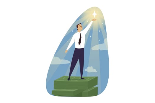Success, goal achievement, career, winning, concept. Successful investment and profitable business.Happy businessman manager leader stands on pile stack of money and holding shining star illustration.