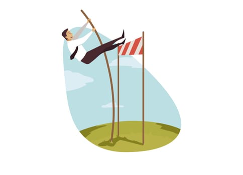 Leadership, winning, overcoming, business concept. Businessman clerk manager motivated leader jumping over high obstacle. Goal achievement and successful coping solution of difficulties illustration.