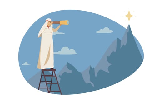 Goal achievement, motivation, aspiration, leadership, business concept. Young confident arab businessman muslim manager cartoon character looking in telescope at star. Startup and planning strategy.