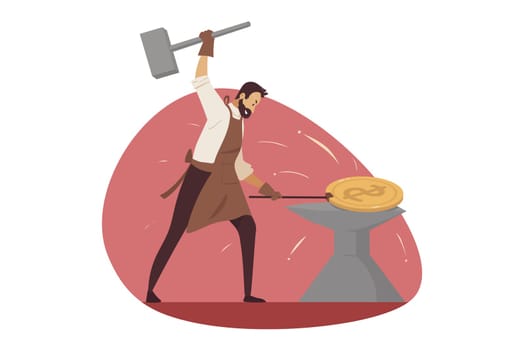 Investment, business, mining concept. Businessman manager worker entrepreneur blacksmith forging golden bitcoin on anvil. Cryptocurrency earning and digital finances internet commerce illustration.
