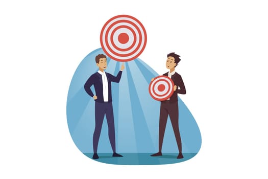 Development, targeting, goal, business concept. Corporate planning challenge and financial target determination illustration. Businessmen managers leaders team coworkers standing with big small aims.