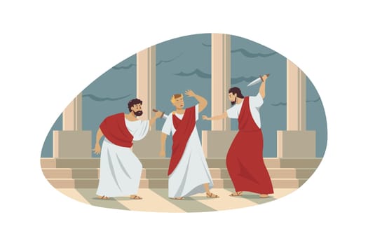 Rome, history, conspiracy, assassination concept. Ancient Roman historical event illustration. Group of murderers assassins senators conspirators traitors kill emperor Gaius Julius Caesar with knives.