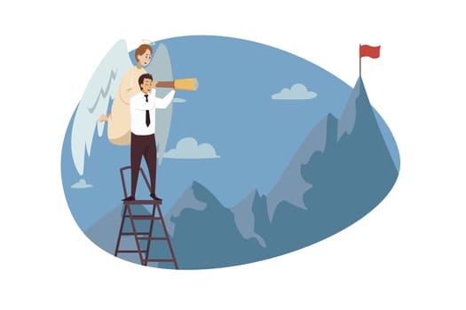 Religion, christianity, support, motivation, goal achievement concept. Angel biblical character supporting young businessman clerk manager looking at moutain flag. Divine assistance reaching purposes.