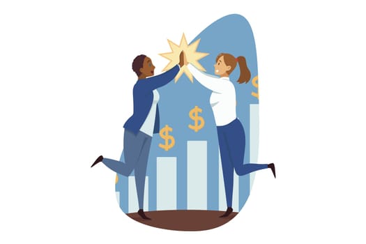 Success, goal achievement, winning, teamwork, business concept. Team of young african american businesspwomen winners clerks managers characters giving high five to each other. Successful investment.