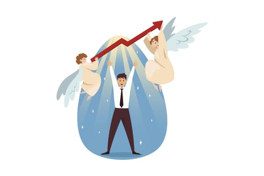 Teamwork, startup, religion, christianity, business concept. Team of angels biblical characters holding red arrow together above happy young businessman. Divine support goal achievement illustration.