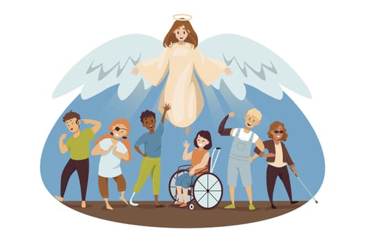 Protection, disability, support, religion, christianity concept. Angel biblical religious character protecting young happy handicapped injured disabled people men women. Divine help and healthcare.