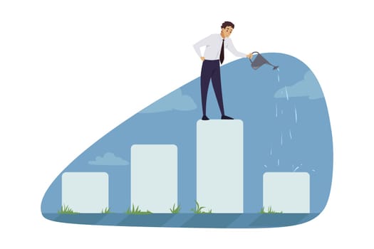 Investment, business, growth, profit concept. Businessman clerk manager leader investing time and money for financial growth. Manager pouring water for successful cash income and roi illustration.