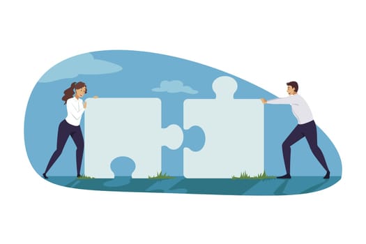 Partnership, teamwork, connection, business concept. Young group of businessmen women managers partners cooperate collaborate together assembling jugsaw puzzles. Team building coworking illustration.