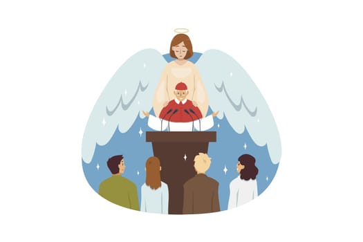 Bible, religion, christianity concept. Angel biblical religious character blessing old man priest preacher reading sermon to people parish flock in church. Catholic or orthodox holiday celebration.