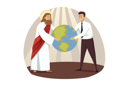 Religion, christianity, business, support, success concept. Jesus Christ son of God and young businessman holding planet Earth together. Friendly help teamwork and goal achievement for globalization.