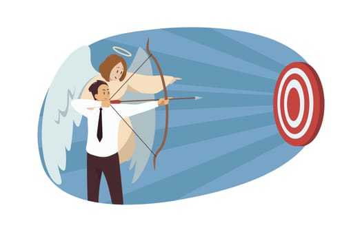 Religion, christianity, support, motivation, teamwork, goal achievement concept. Angel biblical character helping businessman clerk manager aiming with bow on target. Divine assistance illustration.