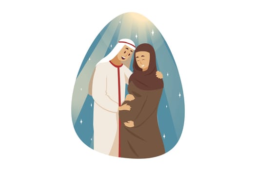 Love, couple, pregnancy, family concept. Young happy man muslim boyfriend husband standing with smiling pregnant woman wife girlfriend arab with hijab hugging together. Mothersday and motherhood.