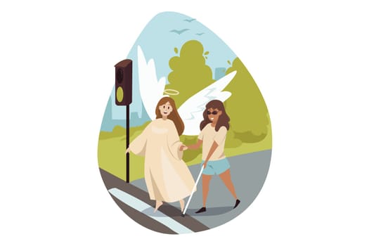 Disability, support, religion, christianity concept. Angel biblical religious character helps young happy african american blind handicapped disabled woman pedestrian crossing road. Divine protection.