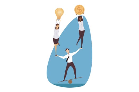 Support, management, leadership, teamwork, business concept. Coworking and team building illustration. Businessman leader balancing holding women partners managers colleagues with light bulb and coin.