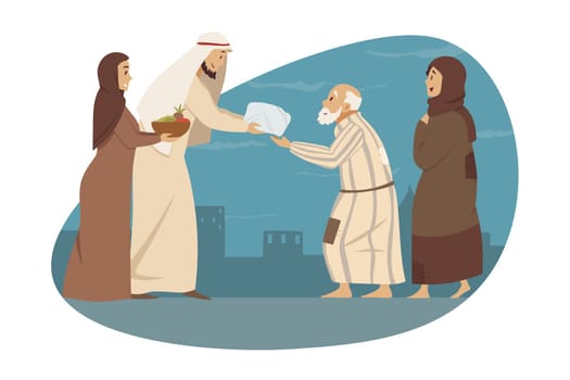 Family, love, holiday, islam, Eid al Fitr concept. Young man woman brother sister muslims give gifts presents to parents arab granny grandfather. Mothers day fathers day islamic Ramadan celebration.