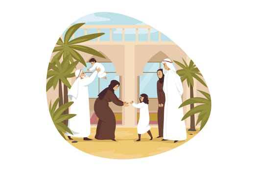 Love, holiday, fatherhood, childhood, meeting, motherhood concept. Young man arab husband muslim woman wife giving children kids son daughter to grany and grandfather. Family recreation illustration.