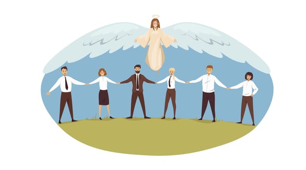 Protection, support, teamwork, business, religion, christianity concept. Angel biblical religious character protecting team businessmen women clerk managers leaders. Divine help and unity illustration