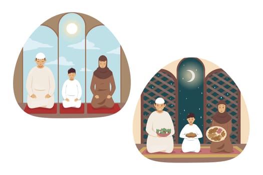 Islam, prayer, family, religion set concept. Collection of young religious man muslim husband woman wife child kid son arabic characters praying in mosque. Islamic traditional Ramadan celebration.