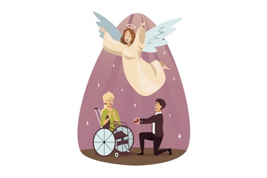 Protection, disability, support, religion, wedding, christianity concept. Angel biblical character happy for young man guy making marriage proposal to handicapped woman girl. Divine help good news joy