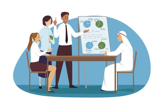 Management, meeting, business concept. Team group of international businessmen women coworkers managers having conference in office analysing data plan together. Coworking and teamwork illustration.
