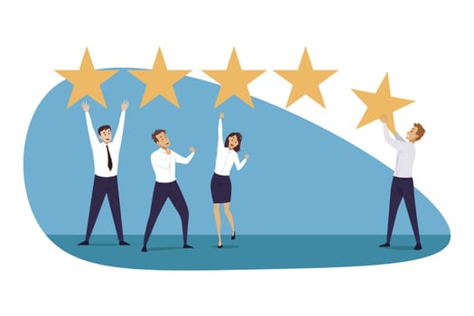 Rating, teamwork, success, goal achievement, business concept. Online assessment market evaluation business verification illustration. Team of businessmen women managers coworkers put five star rank.