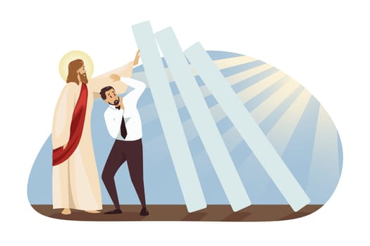 Fear, crisis, saving, religion, christianity, business concept. Jesus Christ son of God holding falling block helping scared frightened businessman from injury. Divine support and care illustration.