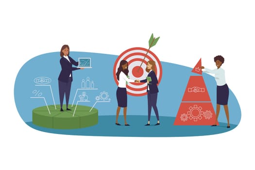 Business, targeting, team building, success, analysis concept. Group of businesswomen making deal presenting data finance report together. Goal achivement and corporate planning and raising profit.