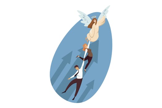 Religion, christianity, support, success, goal achievement concept. Angel carrying team of young businesswoman and man clerks managers helping to fly high. Divine assistance and reaching purposes.