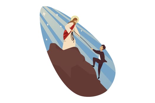 Teamwork, goal achievement, religion, christianity, support, business concept. Jesus Christ son of God helping young businessman clerk manager climbing on mountain. Divine suppor and goal achievement.