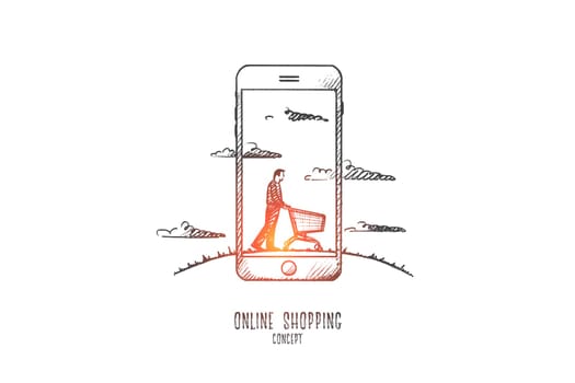 Online shopping concept. Hand drawn man with shop trolley. Person buying in internet isolated vector illustration.
