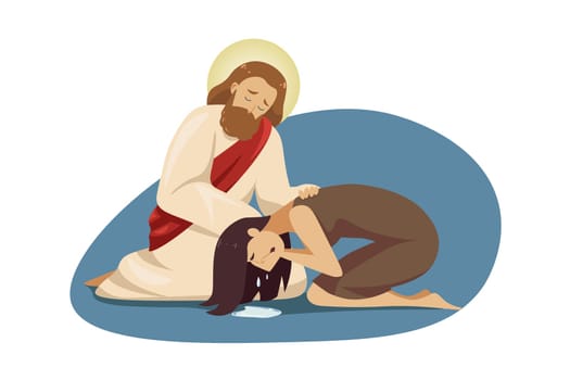 Mental stress, depression, support, religion, christianity concept. Jesus Christ son of God embracing hugging young depressed frustrated crying woman girl character. Divine help and care illustration.