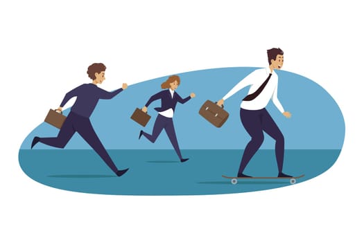 Leadership, motivation, career, advantage, business concept. Group of businesspeople following running chasing businessman leader participating in race competition. Taking advantages and motivation.