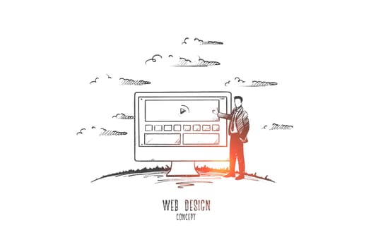 Web design concept. Hand drawn man developing web design. Website interface isolated vector illustration.