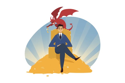 Business, wealth, religion, christianity, success, temptation, evil, devil concept. Young businessman clerk manager sitting on golden coin throne with laughing demon. Satan support goal achievement.