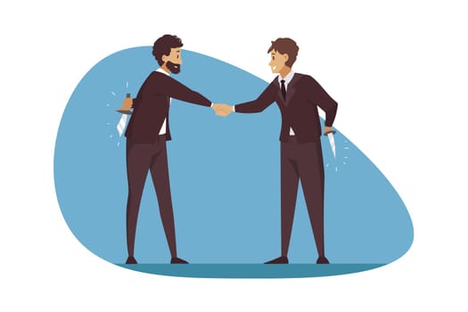Betrayal, business, deal, greeting, competition concept. Lie deception and corporate dishonesty illustration. Businessmen leaders entrepreneurs making agreement holding concealing knives behind backs.