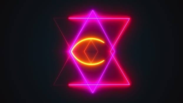 Esoteric 3d render triangle with glowing lines and star david. Occult bright geometric pentacle that ignites in mystical witchcraft fire. Polygonal alchemical talisman with pagan symbols.
