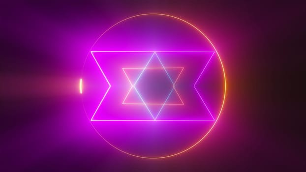 Esoteric 3d render triangle with glowing lines and star david. Occult bright geometric pentacle that ignites in mystical witchcraft fire. Polygonal alchemical talisman with pagan symbols.