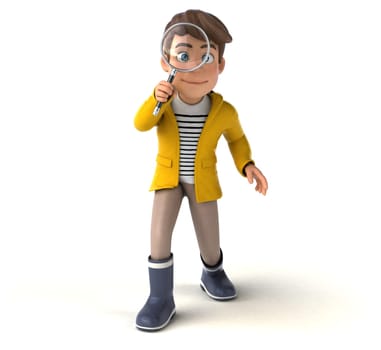 Fun 3D Illustration of a cartoon kid with rain gear