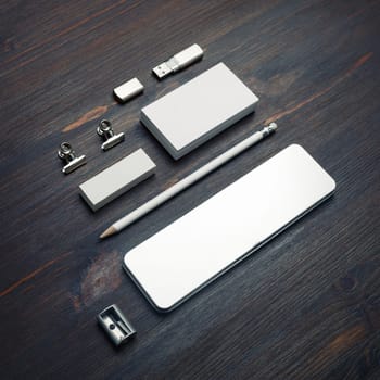Blank corporate identity. Stationery template on wood table background. Branding mockup.