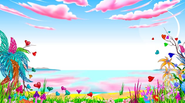 Fantasy fabulous landscape. Seascape. Blue sky with pink clouds. Fabulous plants and flowers.
