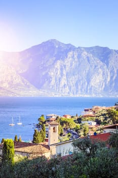 Italian village, blue lake garda and mountains