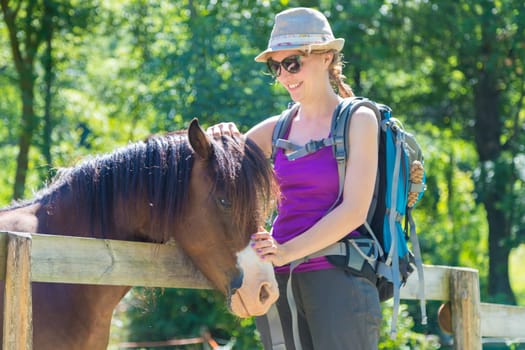 Girl is cudelling curious brown horse on green meadow